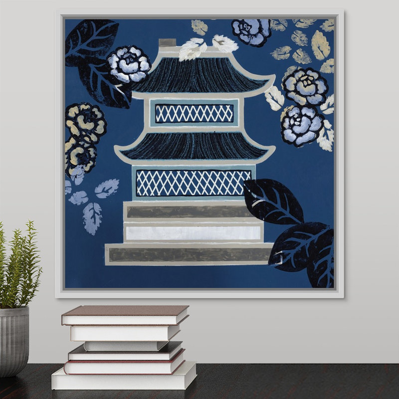 « pagode ii », peinture sur toile, Cadre flottant blanc, H 17,7 po x l 17,7 po x p 1,75 po