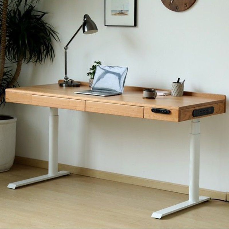 Bureau en bois massif de couleur cerisier + blanc rectangulaire réglable en hauteur + acier avec 2 tiroirs