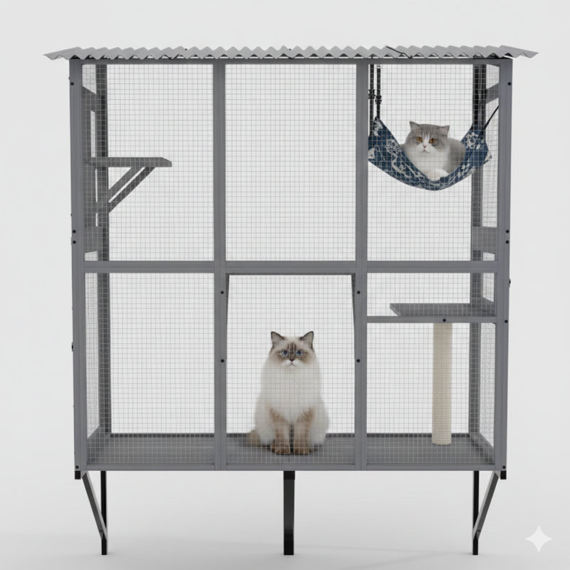 Spacieux Cat Cat - Enceinte de fenêtre extensible pouvant accueillir plusieurs chats d'intérieur, perchoir pour chat avec 3 plateformes, 1 hamac et 3 portes d'accès, adapté à une utilisation toutes saisons