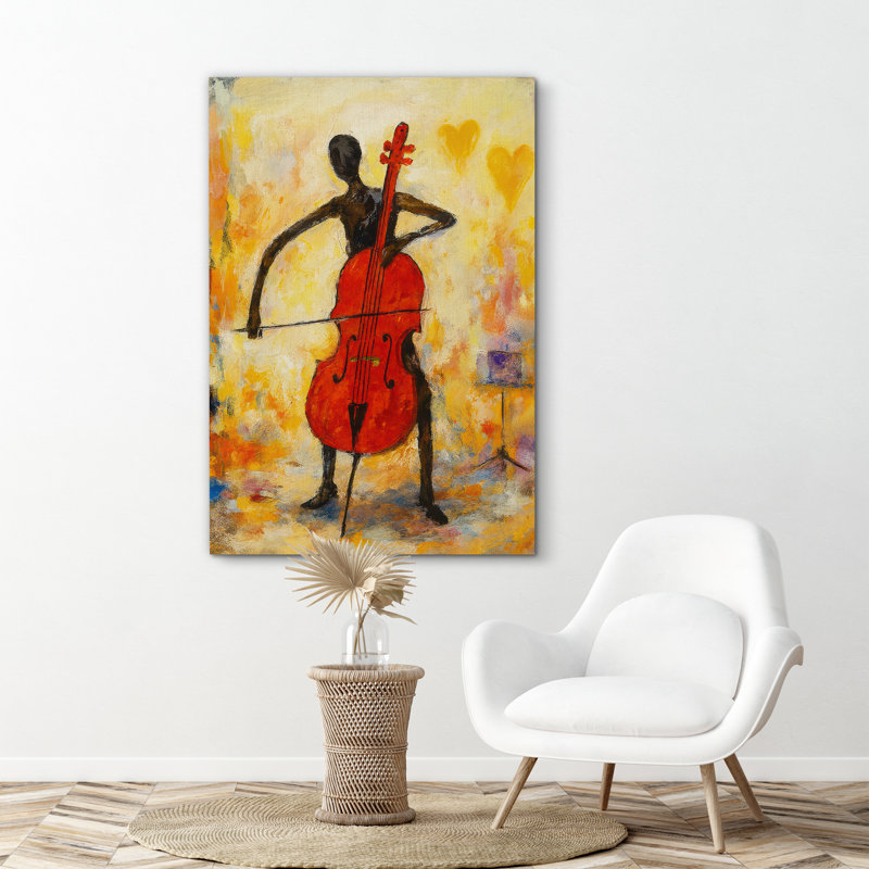 Abstrait violoncelliste avec violoncelle rouge et accents de cœur - impression sur toile encadrée, Toile tendue