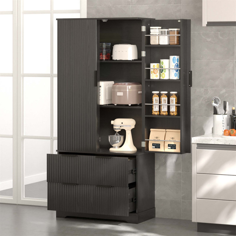 Armoire de cuisine moderne cannelée avec 2 grands tiroirs, un support à épices pour 8 portes et des tablettes réglables pour un rangement et une organisation polyvalents