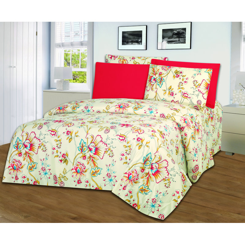 Microfiber Floral Sheet Set, Full Fitted Sheet with 4 Pillowcases