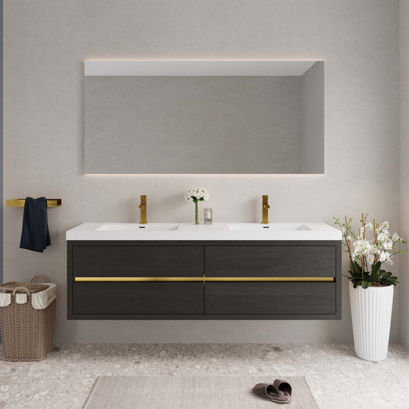 Meuble-lavabo mural avec lavabo, armoire de rangement flottante avec comptoir et tiroirs à fermeture en douceur, idéal pour l'organisation de la salle de bain