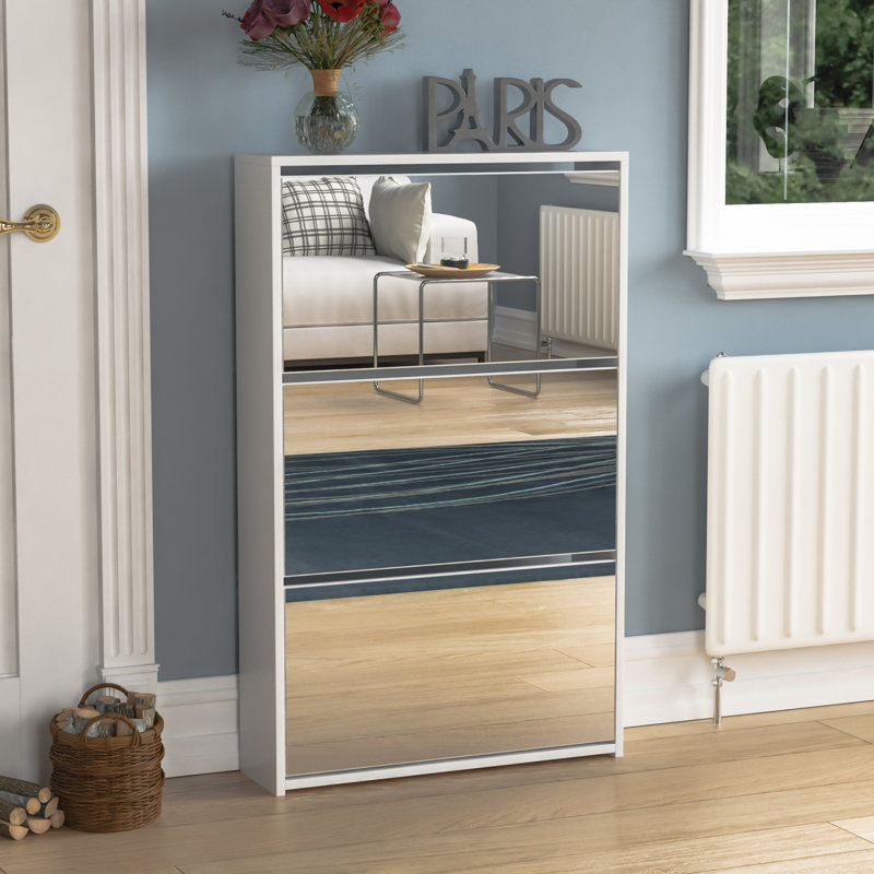 3 Drawer Mirrored Flip Down Shoe Storage Cabinet Free Standing Cabinet For Hallway, White