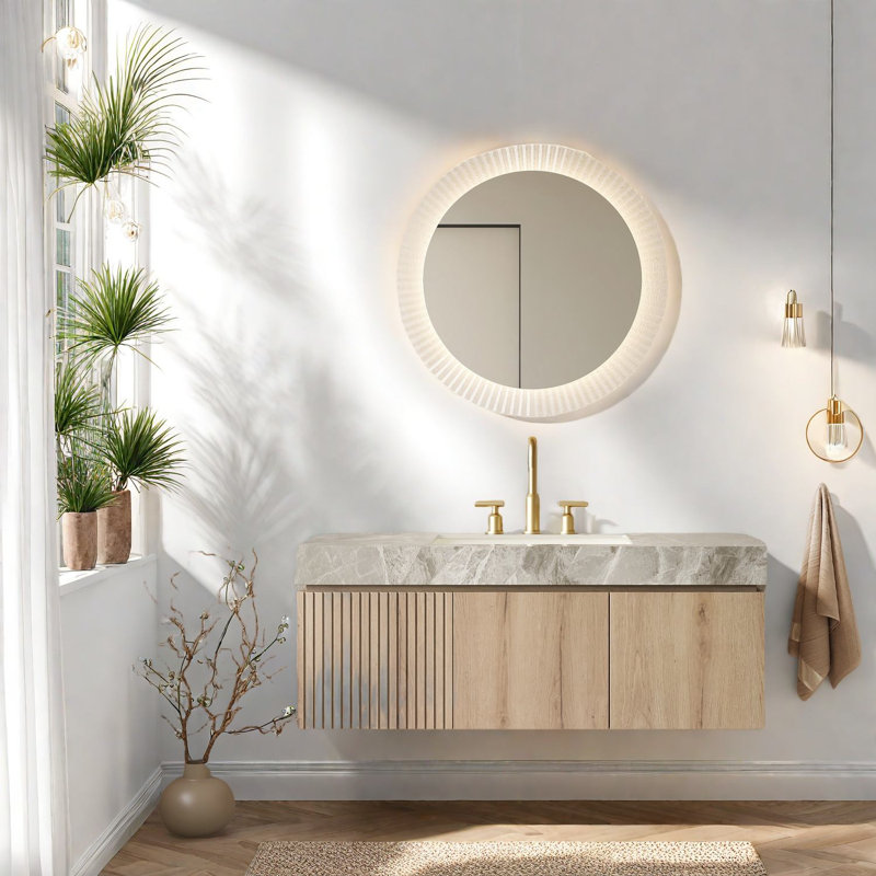 Meuble-lavabo moderne avec rangement, plateau en pierre frittée gris clair et lavabo en céramique