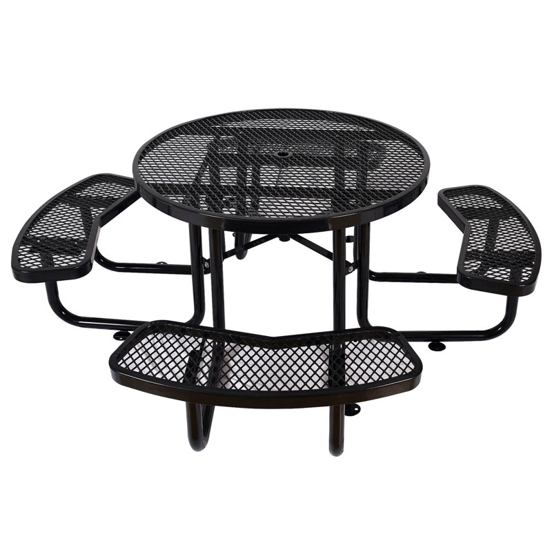 Table de pique-nique ronde en acier avec poteau de parasol, Noir