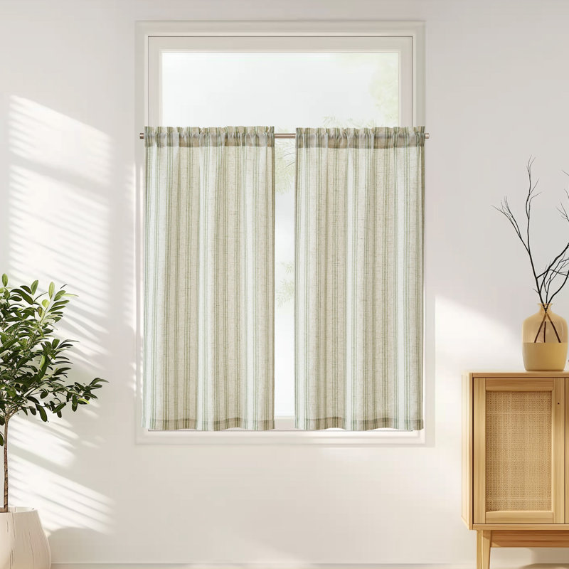 Rideaux de cuisine à rayures rayées, L 26 po x L 45 po, Vert sur beige