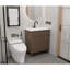 L'armoire de salle de bain brune de 30 pouces avec une porte à lattes à motif horizontal, jumelée à un bassin en céramique blanche, présente un design moderne à la fois imperméable et durable.
