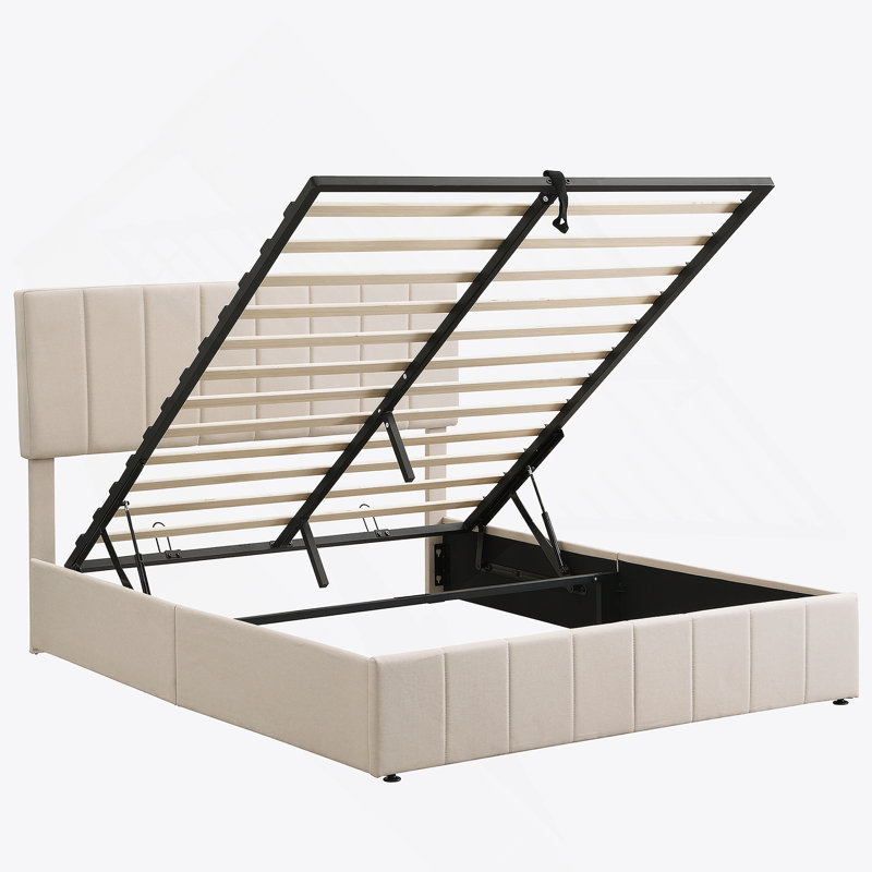 Grand lit plateforme tapissier avec système de rangement hydraulique