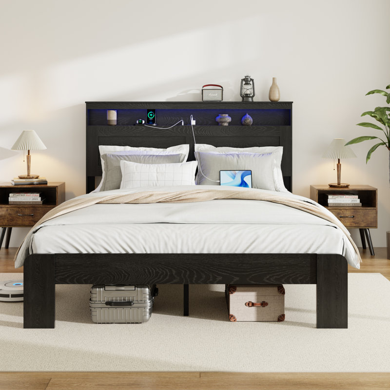 Cadre de lit, cadre de lit plateforme, silencieux, aucun sommier nécessaire, grand rangement sous le lit, Noir