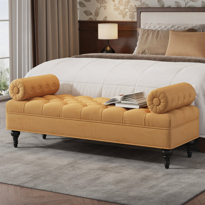 Banc de chambre à coucher moderne, banc de bout de lit, banc rembourré en velours avec 2 coussins amovibles, repose-pieds rembourré confortable, repose-pieds pour chambre à coucher, salon, entrée, jaune