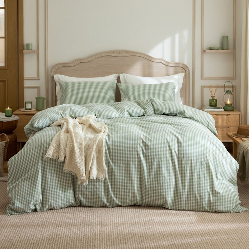 100% Washed Cotton Duvet Cover Set, Classic Check Pattern, Soft Breathable Bedding with Hidden Double Zipper and Envelope Pillowcases