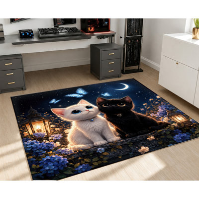 Tapis lavable à la machine avec motif de chats fantaisistes, ciel nocturne et lune, dos antidérapant, idéal pour décorer votre salon, chambre, salle de jeux ou appartement. Décoration intérieure chaleureuse.