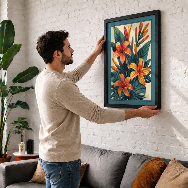 Lilies in Bloom Botanical - Framed Print, A3 - 42.0 x 29.7 cm, Black