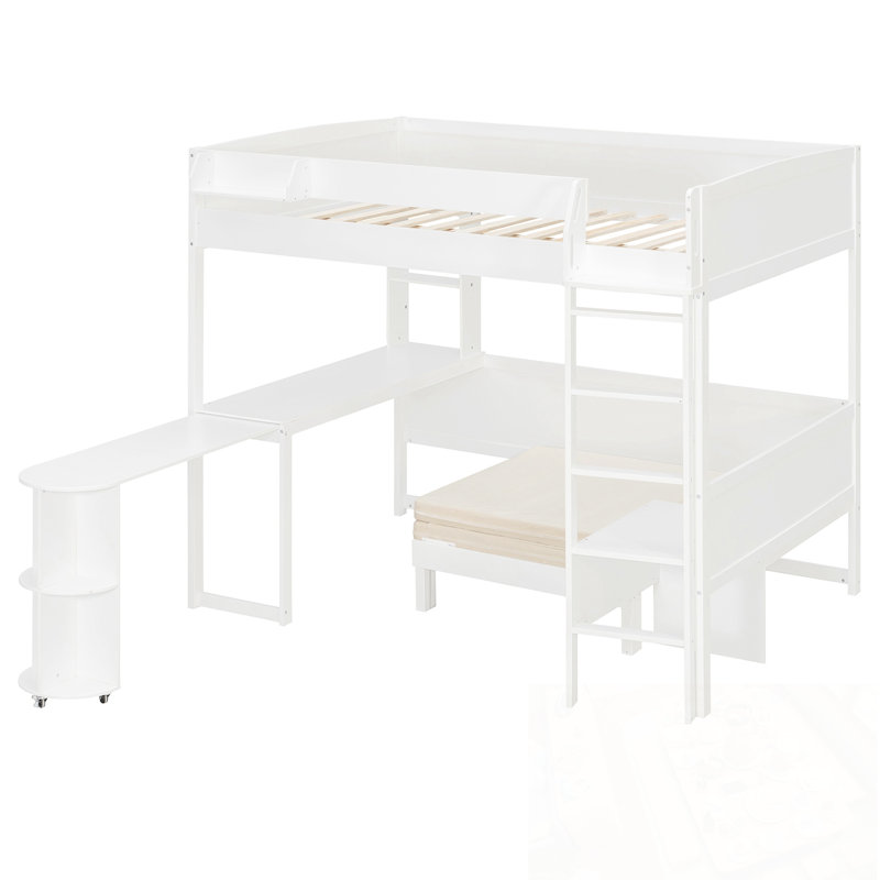 Lit mezzanine double en bois avec bureau, tablette de rangement de chevet, canapé et lumière, Blanc