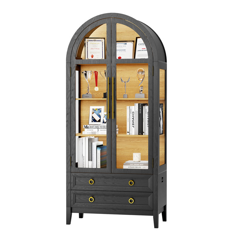 Freestanding Arch Display Cabinet with 3-Color Light Modes and Motion Sensor, Wood/Black