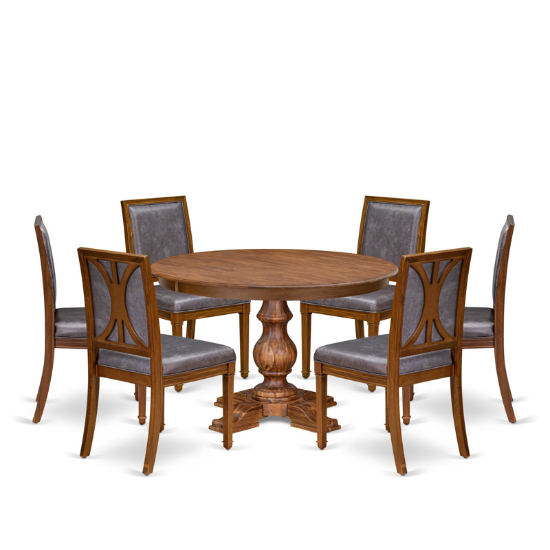 L'ensemble de table à manger 7 pièces se compose d'une table de cuisine ronde et de 6 chaises en similicuir gris foncé avec dossier haut et finition noyer antique.