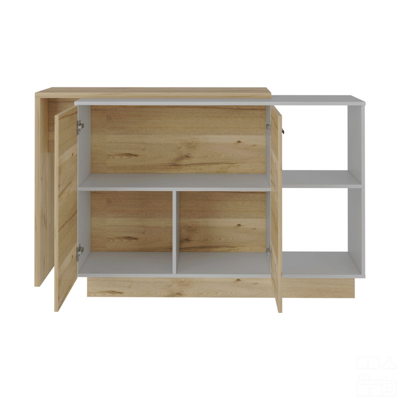 Îlot de cuisine, armoires à deux portes, deux tablettes extérieures, trois tablettes