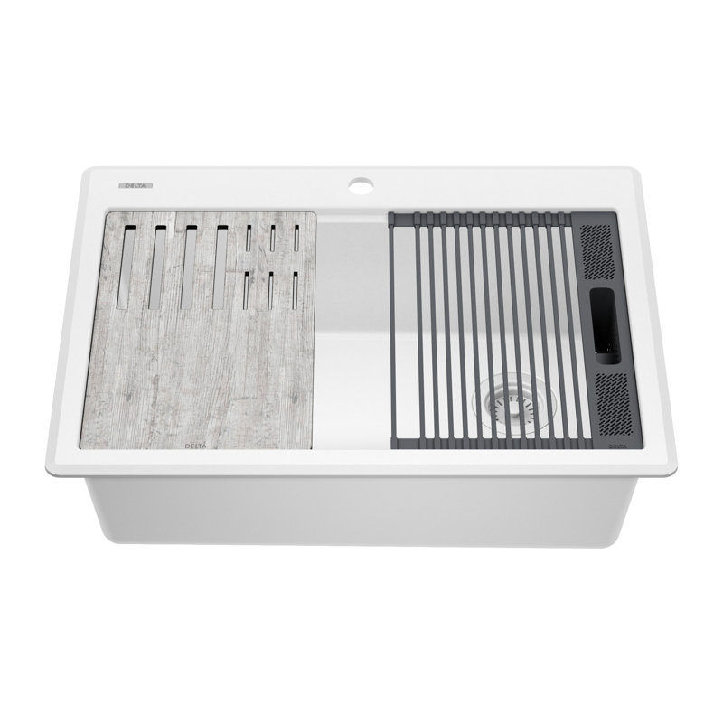 DELTA Everest™ 30" L Granite Composite Workstation Kitchen Sink Drop-In Top Mount Single Bowl with WorkFlow™ Ledge, White