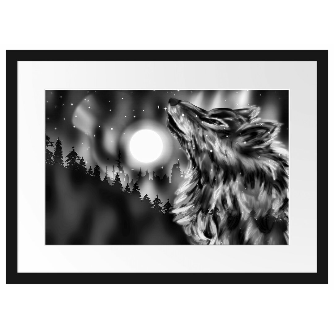 Gerahmtes Poster Abstrakter Wolf mit Mond