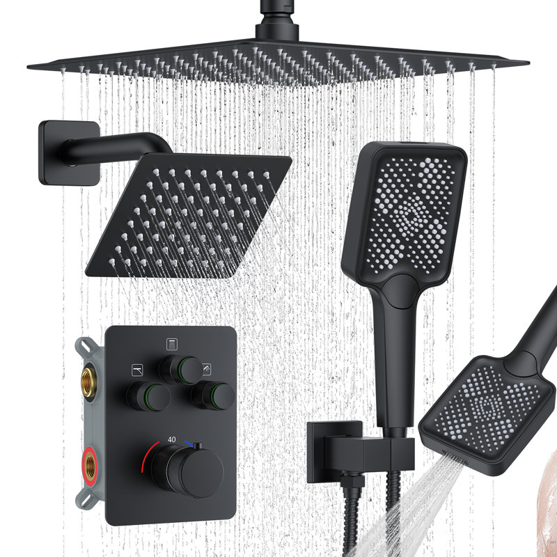 Matte Black Thermostatic Shower System, Push Button Diverter Shower Faucet Set With 12" Ceiling Mount Rain Shower, 6" Wall Mount Shower Head, And 4-in-1 Handheld Spray