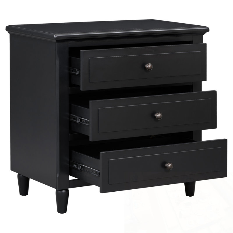 Table de chevet en bois avec 3 tiroirs et poignée en métal, Noir