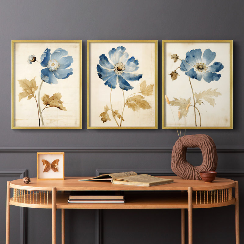 Étude florale, série 11, ensemble de 3 estampes numériques, prêt à accrocher, Doré, H 10 po x l 24 po