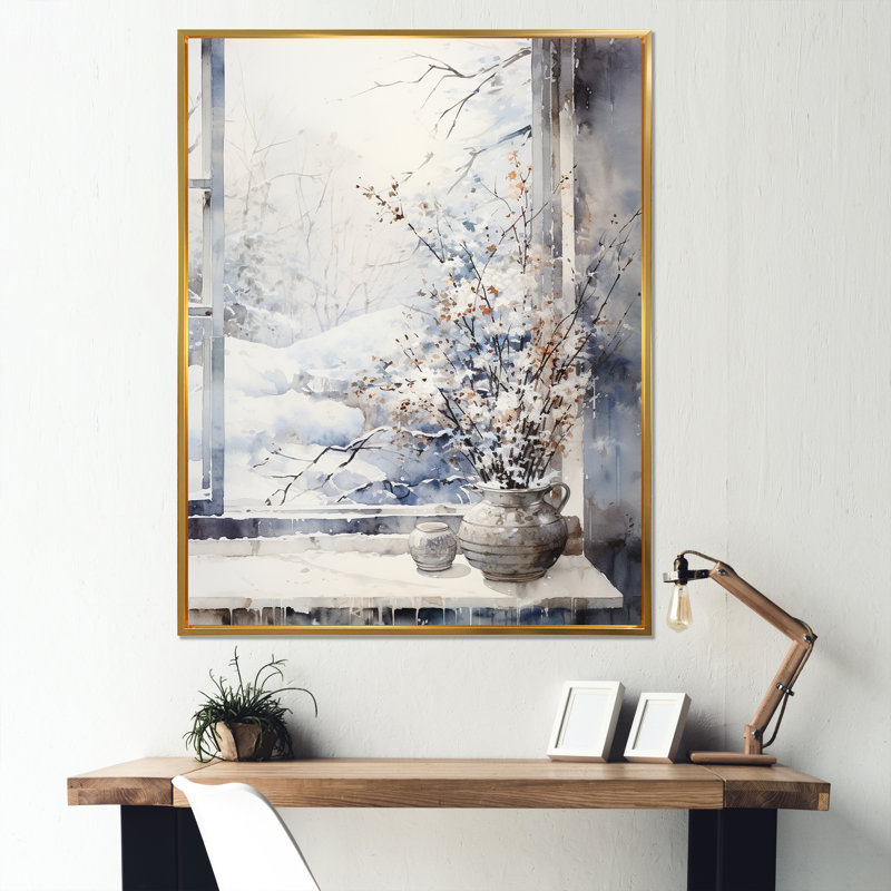 Art floral mural fenêtre de neige en hiver 1 - Japon, Cadre flottant doré, H 20 po x l 12 po x P 1 po