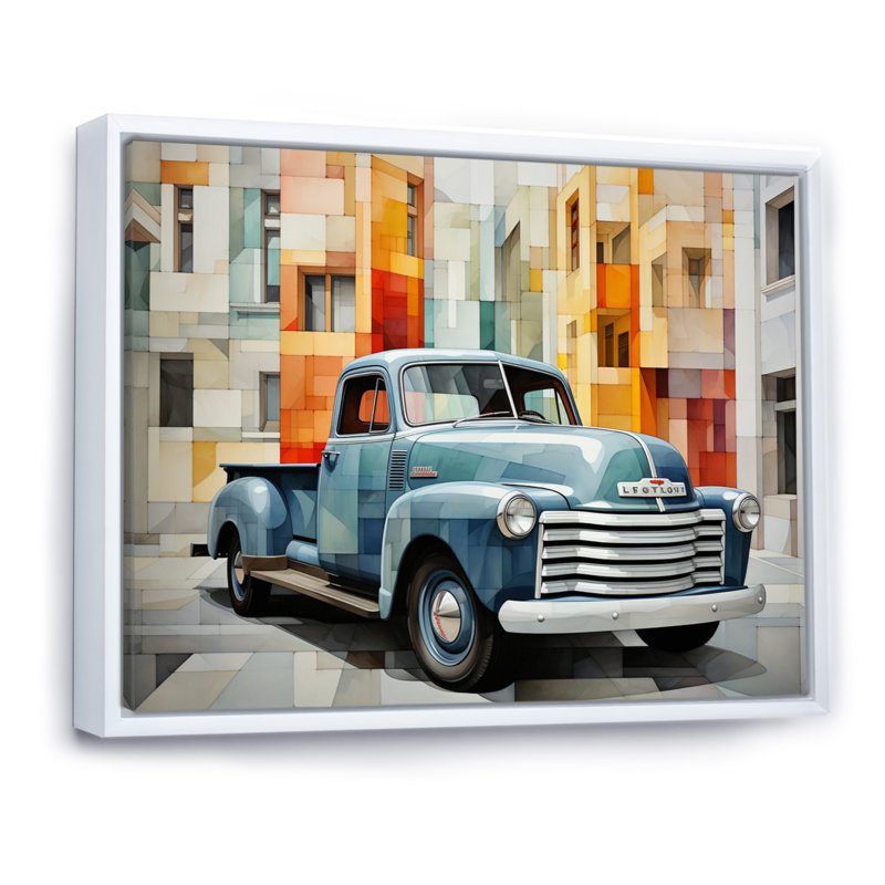 " Pickup Truck Geometric Abstraction II ", 24" H x 32" W x 1" D, White Floater Framed