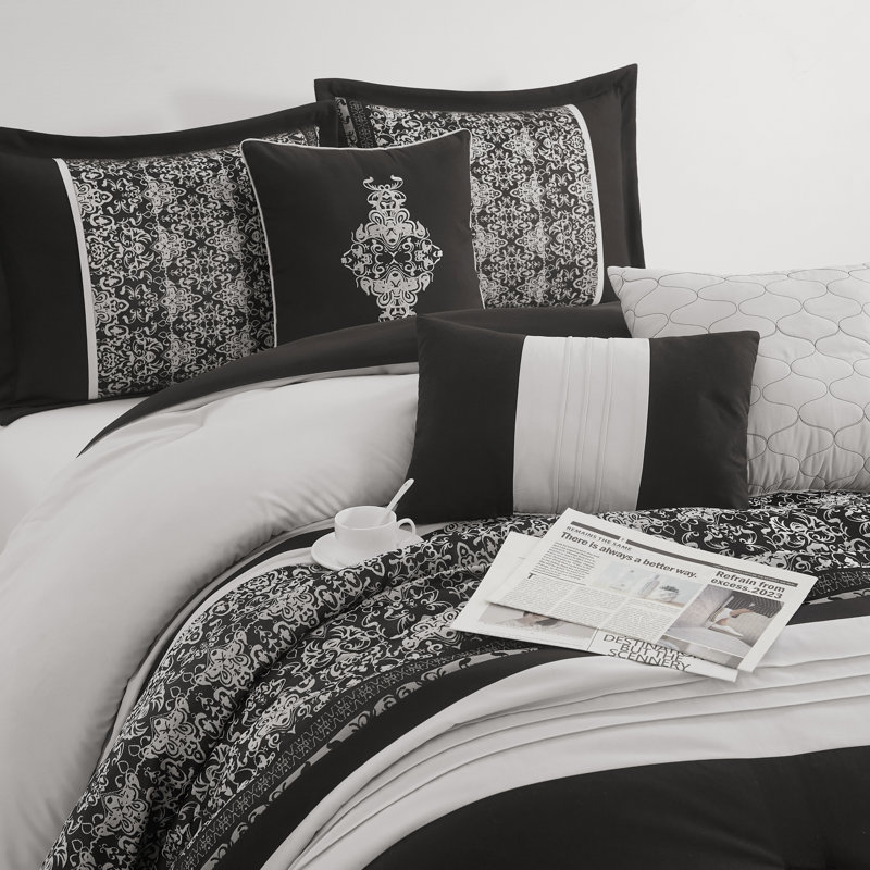 Charley Microfiber 7 Piece Comforter Set, King Comforter + 6 Additional Pieces, Black/Silver