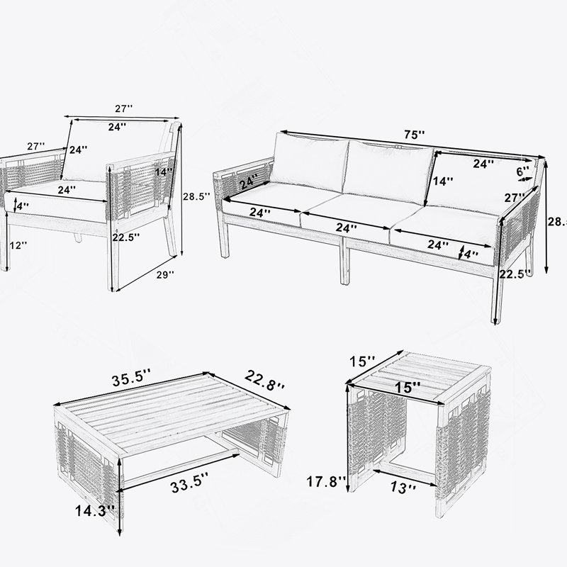 Ensemble de canapé de patio en bois 5 pièces, ensemble de conversation extérieur avec canapé 3 places, 2 chaises et 2 tables pour le jardin, la cour, le bord de la piscine
