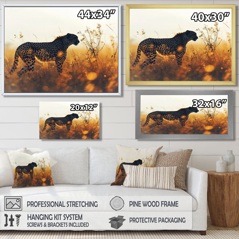 Majestic guépard dans la prairie coucher de soleil - léopard / guépard, art mural, salon, Toile avec cadre doré