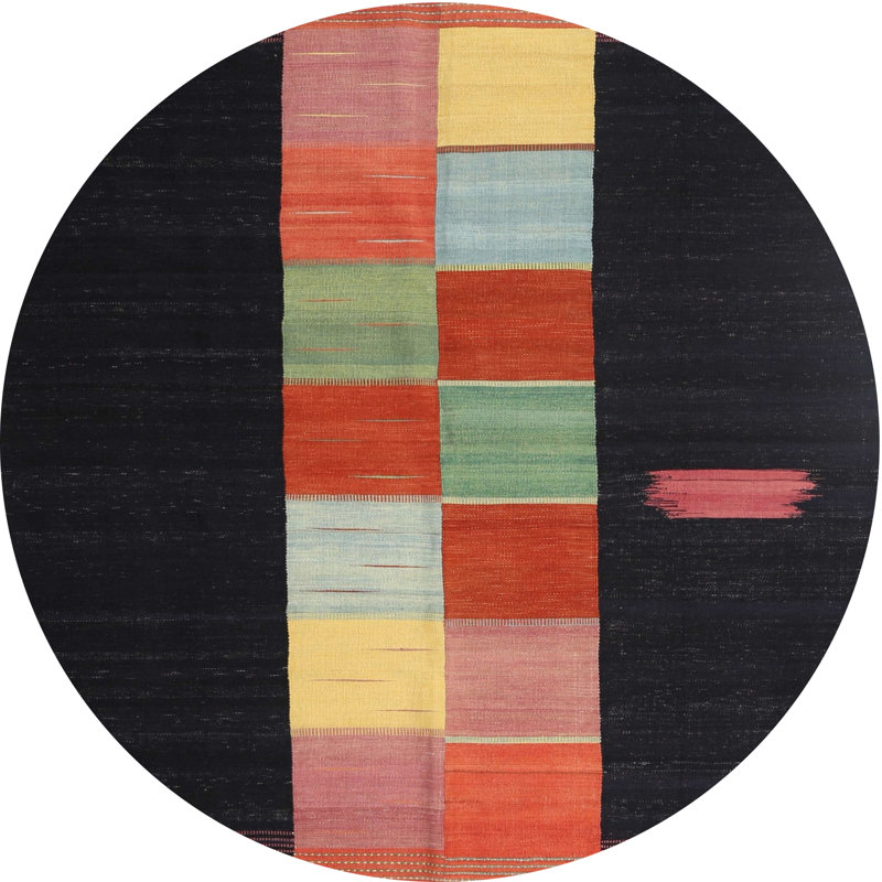 Tapis noir/orange/jaune contemporain, Rond 3 pi