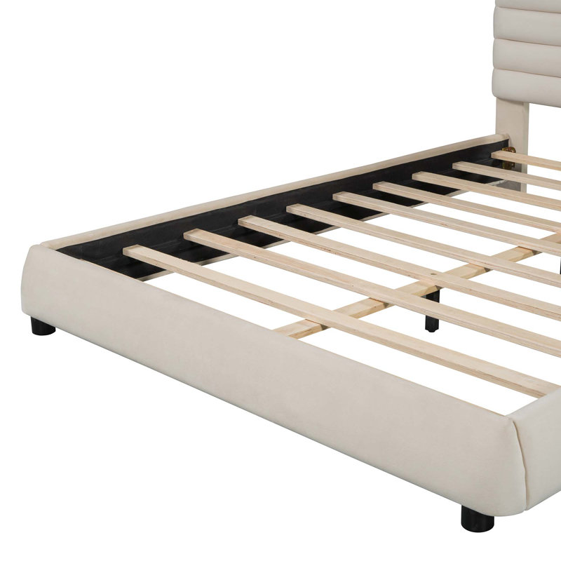 Grand lit plateforme tapissier en velours, structure solide et conception élégante en forme de courbe, Beige