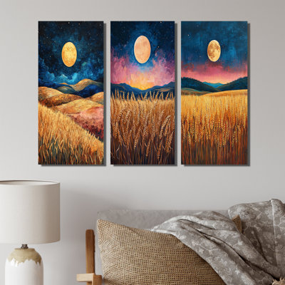 Jaune et bleu, paysage de ferme, récolte de lune I - Collection d'art mural maison de campagne 3 panneaux