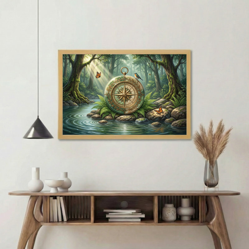 Art mural sur toile en bois naturel pour salon, chambre à coucher, bureau ou vestibule - décoration murale décorative avec boussole forêt