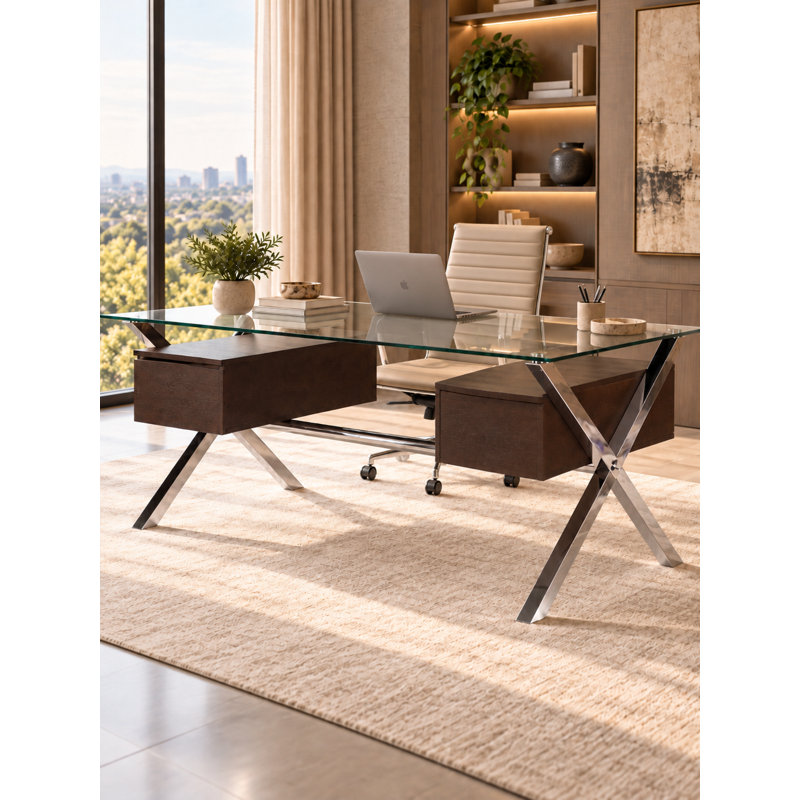 Table de travail contemporaine avec 4 tiroirs Beverly, Espresso / argent