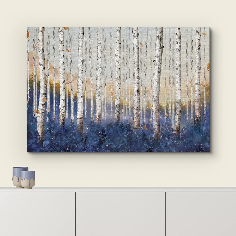 " White Birch Tree With Blue Forest Nature Wilderness Illustrations Rustic Scenic ", 24'' H x 36'' W, Wrapped Canvas