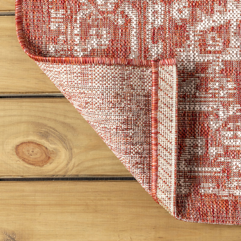 Massimo Bohemian Medallion Textured Weave Red/Taupe Indoor/Outdoor Rug, Square 9'