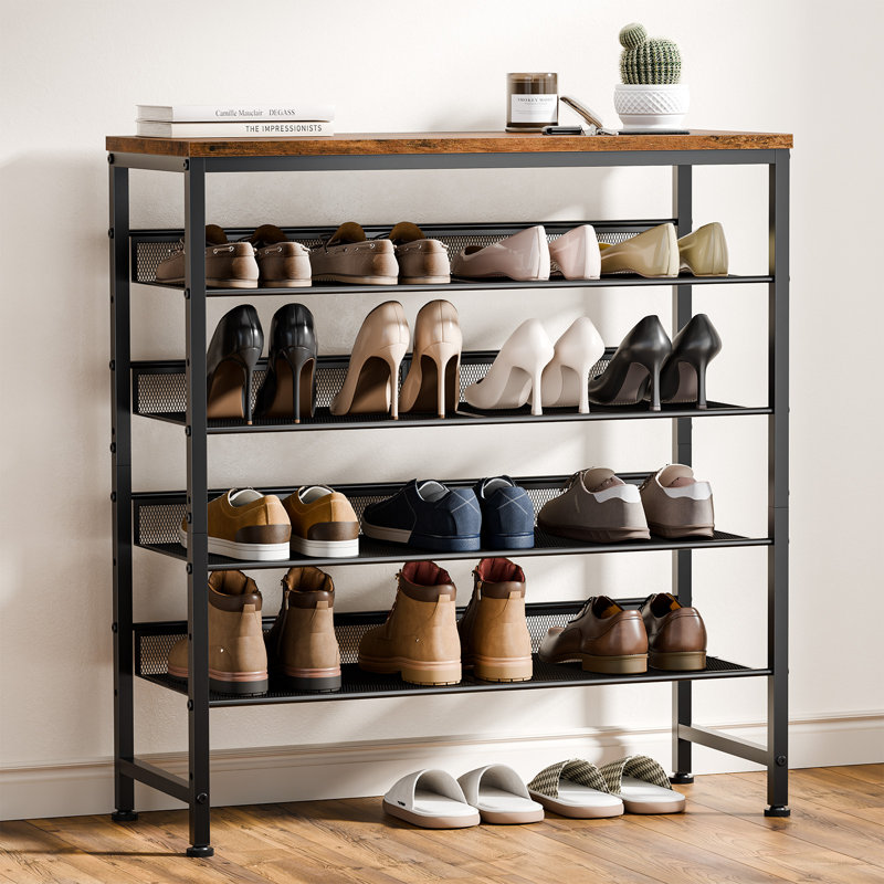 5 Tier Shoe Rack with Wood Top, Industrial Entryway Shoe Storage for Small Spaces, Rustic Brown