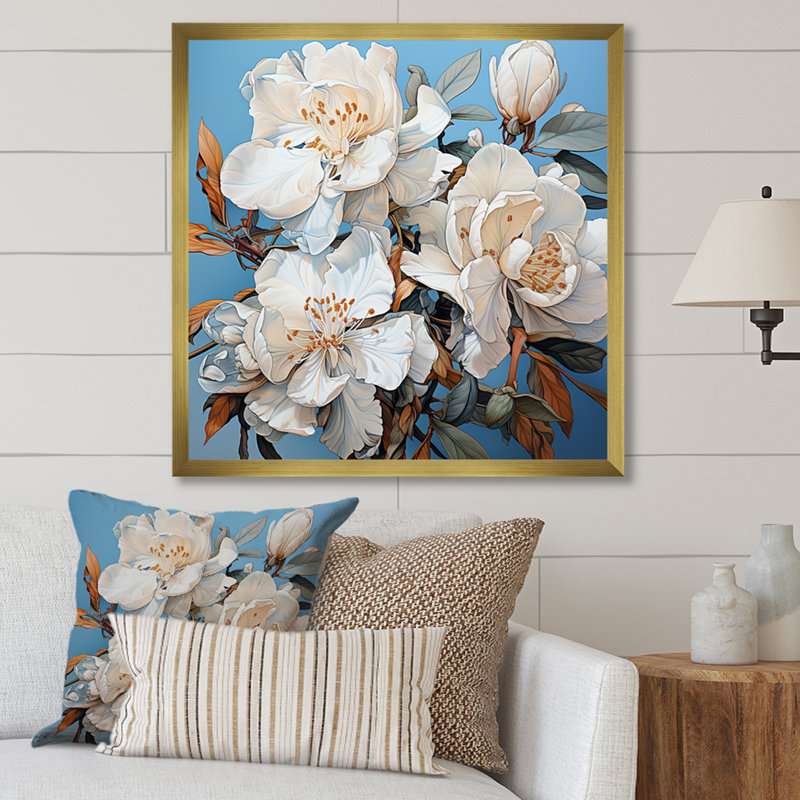 Un bouquet de rhododendrons sur toile, Cadre doré simple, H 16 po x l 16 po x P 1 po