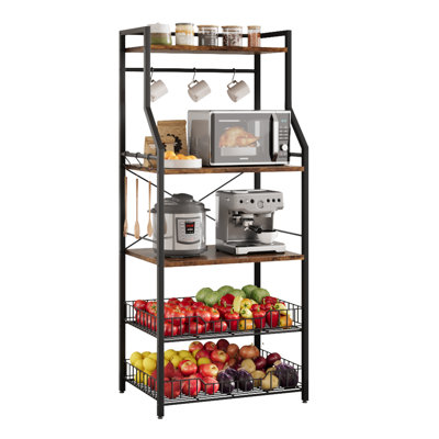5-Tier Kitchen Baker's Rack with Microwave Stand, Spice Rack, 8 Hooks & Wire Baskets, Metal Frame Storage Shelf, Industrial Style