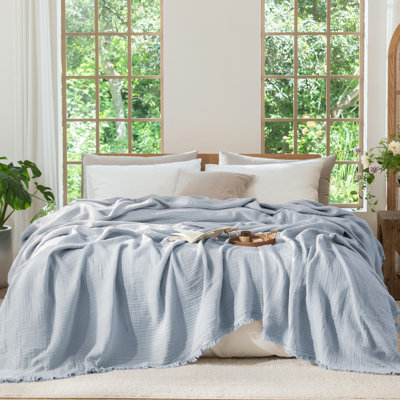 MooMee Airy Blanket 100% Cotton 4-Layer Gauze with Tassel Fringe Breathable Soft