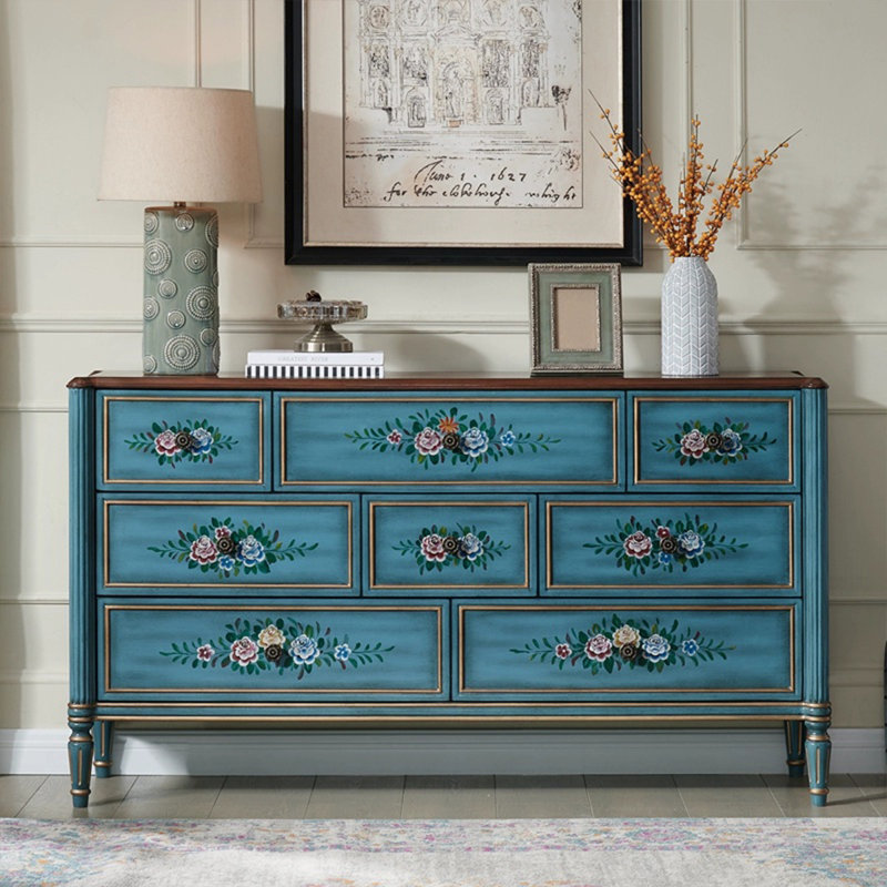 Buffet décoratif bleu en bois massif, Bleu / noyer
