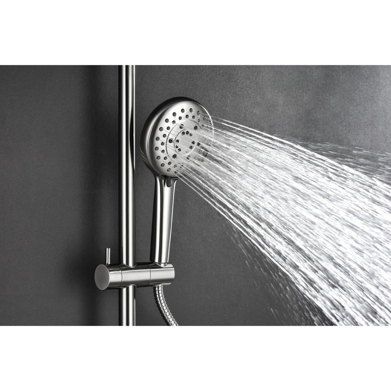 Fusion de douche avec pomme de douche à effet pluie de 10 po, douche à 4 poignées, bride coulissante réglable et plateau à savon en nickel brossé