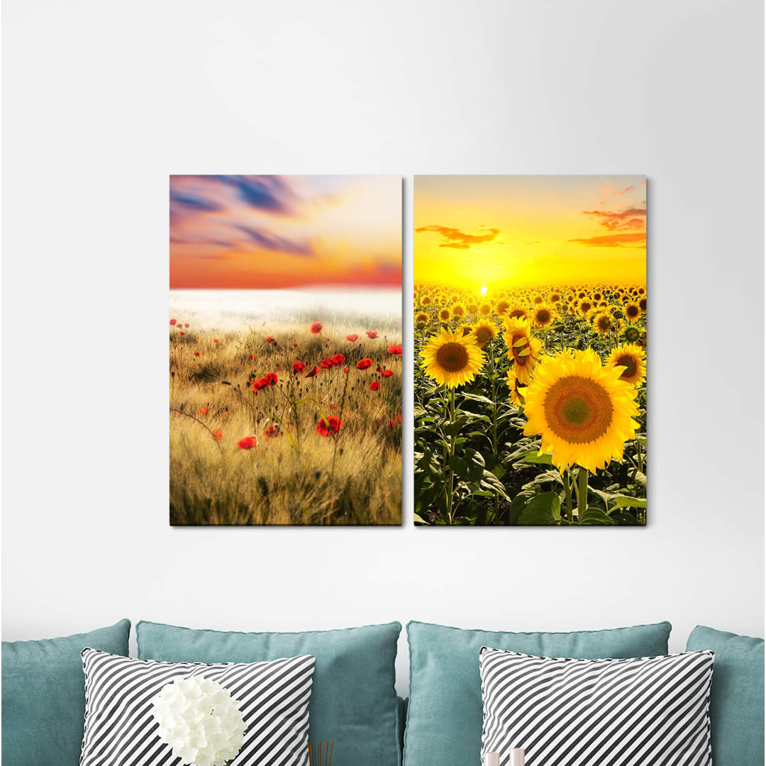 2-tlg. Leinwandbilder-Set - Fotografie „Sunflowers Poppies Summer Sunshine Horizon Sunset”