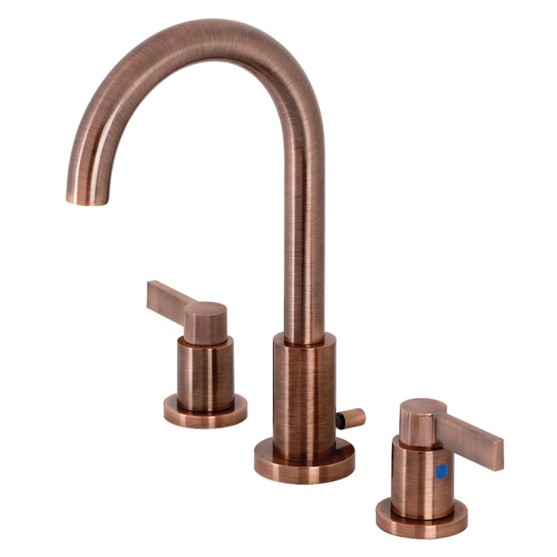 Kingston Brass NuvoFusion Two-Handle 3-Hole Deck Mount Widespread Bathroom Faucet with Brass Pop-Up Drain, Antique Copper