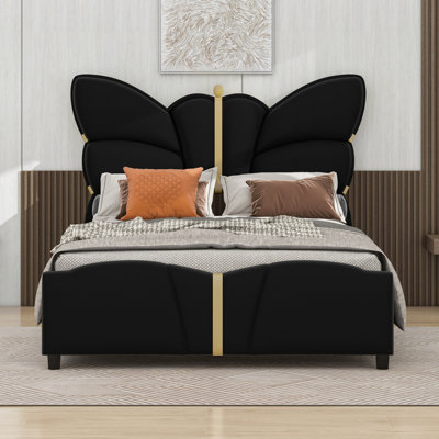 Upholstered PU Leather Bed Frame, With Butterfly Shaped Headboard And Footboard
