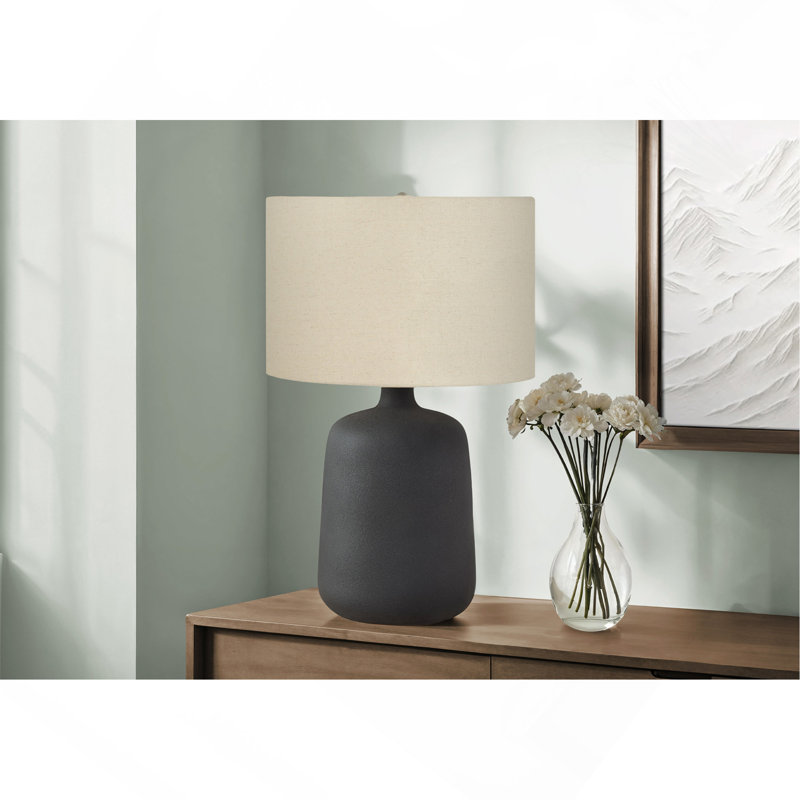 Lighting, H 24 po, lampe de table, céramique noire, abat-jour beige, contemporain