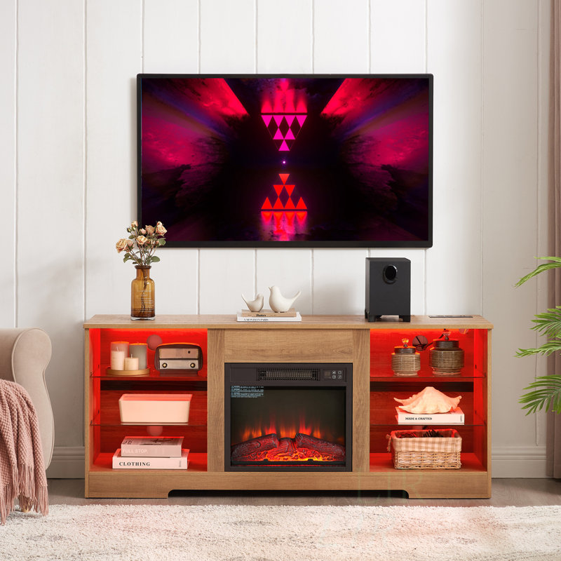 58" White Electric Fireplace Tv Stand With Glass Shelves, Led Lights, Usb Charging & Remote Control, Fits Tvs Up To 65"
